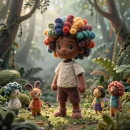 a wide angle action portrait of a black boy with a colorful afro in a foggy jungle, by goro fujita, mark ryden and lisa frank, felt texture, volumetric wool felting, radiant light, amigurumi, macro photography, miniature world, depth of field