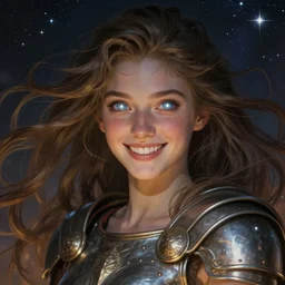 beautiful celestial mage, sparkling eyes, stars in her eyes, shining eyes, grinning, elegant, enticing, sharp features, big flowing hair, traditional roman armor, highly detailed, digital painting, artstation, concept art, smooth, sharp focus, beautiful face, expressive eyes, illustration, art by Artgerm and greg rutkowski and alphonse mucha