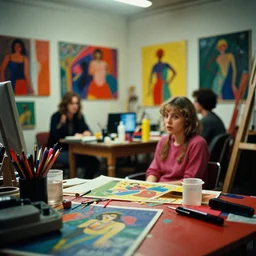 dramatic scene shallow depth of field medium shot uncanny surreal photograph of a colorful intimate art studio in 1 9 9 5 titled'the crowd and colors ', photographed by william eggleston and ken price and man ray, grainy shocking detail trending on artstation 8 k