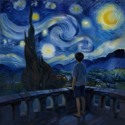 a boy in a high castle terrace with a starry night, digital painting, highly detailed