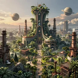 a beautiful very detailed illustration of nature abandoned industrial architecture building urbex architecture city empire by moshe safdie, saturn dieselpunk junglepunk assassin's creed nature at dawn, archdaily, wallpaper, highly detailed, trending on artstation.