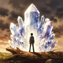 isekai masterpiece anime man standing tree log looking up at giant crystals, high noon, cinematic, very warm colors, intense shadows, ominous clouds, anime illustration, anime screenshot composite background
