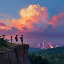 Colorful dramatic puffy clouds, 3 Inner city teens standing on the edge of a cliff overlooking a forest, Glowing city on the horizon, matte painting, concept art, 4K