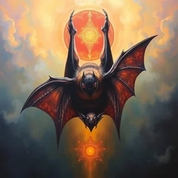 oil painting bismuth astral bat, highly detailed surrealist painting by albert bierstadt, visionary art by yvonne mcgillivray by mandy jurgens by michael divine