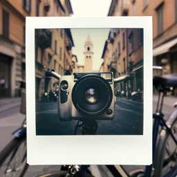 artistic photos of a bike macro lenses. polaroid. city of genoa. old. scratched. vintage.