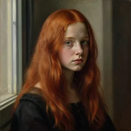 a window - lit realistic portrait painting of a thoughtful girl resembling a young, shy, redheaded alicia vikander or millie bobby brown, lit by a window at the side, highly detailed, intricate, by leonardo davinci and boticelli
