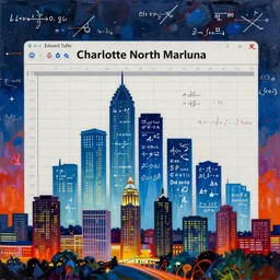 brilliantly colored acrylic oil painting of a high resolution Excel stacked bar graph in the shape of a detailed skyline of Charlotte North Carolina at night strewn with mathematical formulas in the style of Edward Tufte