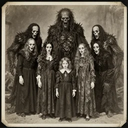 vintage photograph monochrome plate, monstrous costomed family of ghastly people posing with grotesque lovecraftian god monsters, distressed old photo, deteriorating, grunge, antique, slight sepia tone, horror, madness