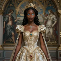 young cyborg princess, ebony skin, young muse, piercing glowing eyes, elegant, striking composition, ornate royal gown, highly detailed ornate sci fi background, mural in the style of sandro botticelli, caravaggio, albrecth durer, 8k