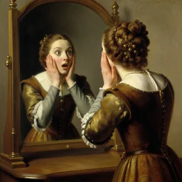 painting by william adolphe bouguereau of pam beesly in medieval clothes looking at her reflection in the mirror, surprised expression, hands on face