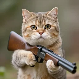 a very cute cat holding a shotgun to the camera