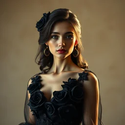 hight focus of a wonderful realistic focused sweet wonderful symmetrical centered mid portrait of a lonely woman with a detailed wonderful, majestic, large semi transparent black cotton dress ornate with semi transparent black cotton roses, dramatic light, octane render, - 8 k