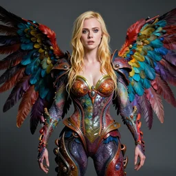 a portrait photograph of elle fanning as a colorful harpy super hero with wet mutated skin. she is trying on a amphibian organic suit and transforming into a beast with feathers. by tom bagshaw, donato giancola, hans holbein, walton ford, gaston bussiere, peter mohrbacher, brian froud and iris van herpen. 8 k, cgsociety