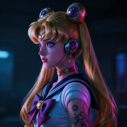 neon cyberpunk sailor moon with arm tattoos, 1 / 4 headshot, cinematic lighting, dystopian scifi gear, gloomy, profile picture,