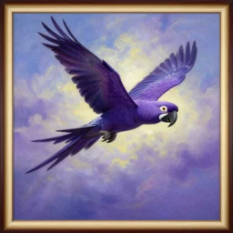 a painting of one purple parrot flying through the sky, poster art by raymond swanland, deviantart, fantasy art, christian, deviantart, mystical