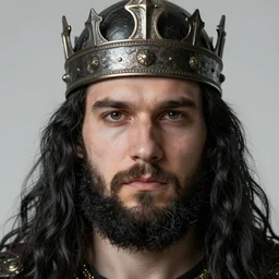 portrait of a young giant slavic king wearing a crown helmet with long tangles of beautiful black hair and beard, sharp eyes, hyper realistic face, fantasy art, greg rutkowski, intricate, alphonse mucha, hyper detailed engraving, concept art, elden ring, illustration, smooth, sharp focus, by gustave dore and greg rutkowski