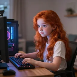 cute young redhead girl sitting at her desk in bedroom, gaming pc, rgb led, soft round face, digital painting, wlop, ultra realistic, perfect lighting, high contrast, bokeh, sharp details, hasselblad, detailed, trending on artstation