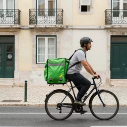 a food delivery guy on his bicycle wearing a big green bag at the streets of Lisbon, art by Greg Rutkowski