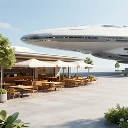 a plaza area with a open air restaurant at the side, on a large spaceship, from a space themed lucasarts point and click 2 d graphic adventure game, art inspired by thomas kinkade