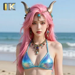 masterpiece portrait of a beautiful girl with pink hair with boho accessories, in bluereflective bikini at beach, symmetry face, top lighting, league of legend sona, art by charlie bowater, james jean, gil elvgren, ilya kuvshinov, cryengine, 8 k realistic hyper detailed, digital painting, artstation, concept art, ray tracing, realistic shaded