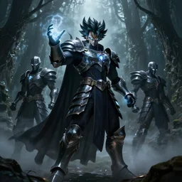 extremely detailed artwork of an armored dark figure in a dark evil forest, super sayan, glowing hands, Sauron, Ultron, speedster, fantasy art, fog, heavy armor, knights armor, cinematic pose, pose