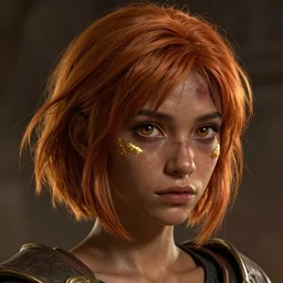 An epic fantasy comic book style portrait painting of a short, dark-skinned, slender girl with short auburn hair that comes almost to her shoulders with brown eyes that look almost black with flecks of gold in them. The gold flecks flare up when she’s agitated. She has a medium-sized scar on the upper right side of her head, unreal 5, DAZ, hyperrealistic, octane render, cosplay, RPG portrait, dynamic lighting