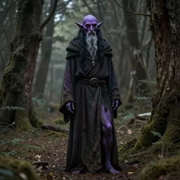 an elderly aasimar wearing robes that lives in the forest, homeless, full body shot, black hair, purple skin