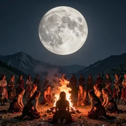 a very high resolution historical image. a giant full moon in the mountains while young women writhe in their bonds in the firelight as the satanic ritual continues, 2 4 mm, photorealistic, photography, night directed by wes anderson