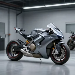 A professional garage photograph of a futuristic super bike made of a slick metallic substance.