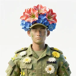 handmade character portrait of a serious american soldier man, flowers growing on his body, explosion of amaryllis, hydrangea on his head, chrysanthemum, hyacinth, in the style of artgerm and enki bilal and bastien lecouffe - deharme, wlop, line art, watercolor, cinematic lighting, hyperdetailed, hyperrealistic
