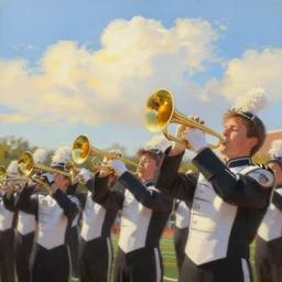 marching band, spring, people playing instruments, sunshine, warm, blue sky with puffy clouds, a painting by kenton nelson