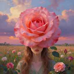 giant rose in front of face and head, girl frontal in a flower field, surreal photography, sunrise dramatic light, impressionist painting, colorful clouds, digital painting, artstation, simon stalenhag