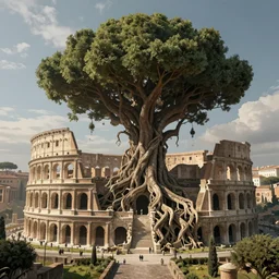 sprawling roman city built in the roots of a collosal tree, wide shot, digital art, detailed, fantasy