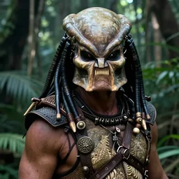 arnold schwarzenegger in predator costume , close up detailed movie still from the predator in the jungle