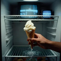 an ice cream cone opening a fridge filled with a river, from 1 9 8 5, bathed in the glow of a crt television, crt screens in background, low - light photograph, scene from a ridley scott 6 6 6 6 6 6