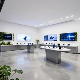 hyperdetailed samsung store, polished concrete, white walls, digital screens, curved furniture, plant walls.