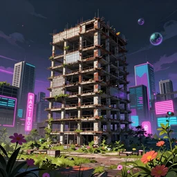a beautiful very detailed illustration of sanctuary nature abandoned industrial architecture city unfinished building by pierre de meuron, extraterrestial alien neon noir tokyo neon signs anime synthwave landscape uv light sunlight flowers retrowave dramatic lighting, archdaily, wallpaper, highly detailed, trending on artstation.