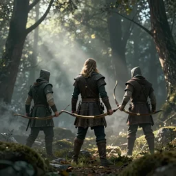 medieval hunters, bow, forest, a sense of adventure, 8K, trending on artstation, Rendered in Cinema4D, 8K 3D, CGSociety, ZBrush, volumetric light, lightrays, smoke, cinematic, atmospheric, octane render, Flickr, filmic, CryEngine