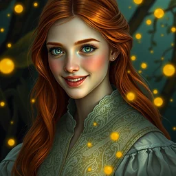 empathic young woman, smiling amazed, golden fireflies lights, full covering intricate detailed dress, amidst nature, long red hair, precise linework, accurate green eyes, small nose with freckles, beautiful oval shape face, realistic, expressive emotions, dramatic lights, hyper realistic ultrafine art by artemisia gentileschi, jessica rossier, boris vallejo
