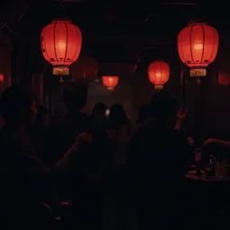 a tiny dark black night club with a few red chinese lanterns, people's silhouettes close up, people dancing, surrealism