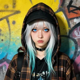 highly detailed portrait of a sewer punk lady student, blue eyes, plaid hoody, hat, white hair by atey ghailan, by greg rutkowski, by greg tocchini, by james gilleard, by joe fenton, by kaethe butcher, gradient yellow, black, brown and cyan color scheme, grunge aesthetic!!! ( ( graffiti tag wall background ) )