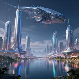 a science - fiction city by the lake, with gigantic futuristic buildings, a leviathan in the sky, midnight, andreas rocha, krenz cushart, artstation, concept art, smooth, sharp focus, 8 k, octane render, volumetric, vivid, beautiful, hyperrealism, pearlescent, reflective, shimmering, highly detailed,