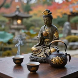 japanese garden, lotus, temple, statue, traditional japanese tea pot, two smoky cup of tea on a wood table, smoky autumn lightings, smoky atmosphere, japanese garden background, micro details, ( ( ( intricate ) gold details ) ), photorealism, crisp, hasselblad camera, by moebius, and annie leibovitz and man ray
