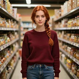 an insanely detailed realistic depiction of beautiful jodi from stardew valley standing in the aisel of a supermarket wearing burgundy sweater and denim jeans, auburn hair thin french braid, soft brown eyes, weak smile, in the style of peter mohrbacher, artgerm, dramatic lighting and composition, octane render, trending on artstation, concept art 8 k