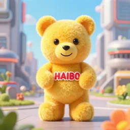 portrait of haribo bear in future city, color and shape focus, central composition, natural light, bloom, puff