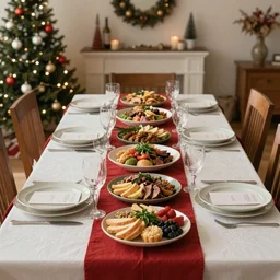 a dinner table full of food for a Christmas feast, red and green, greetings card, beautiful, happy, trending on artstation, detailed