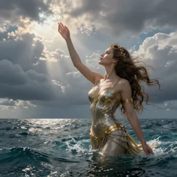 concept art of the most beautiful titan woman emerging from the ocean and touching a cloudy sky hannah yata pascale blanche wide angle