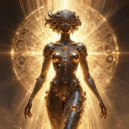 digital art by h r giger, black african princess, encased in shiny alien compounds, warm volumetric lighting, cosmic, symmetric, highly detailed, elegant, concept art, heavenly, god rays, glowing aura, intricate, sharp focus, illustration, alexandros pyromallis, bouguereau, rutkowski, artgerm, alphonse mucha