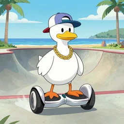a dodo wearing a backwards ballcap and gold chain around its neck, surfing on on a hover board at a skate park near the beach, 1990s cartoon