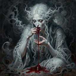a hiper intricate oil portrait of a ghost godess eating blood, excelent composition, wide shot, by zdzislaw beksinski, intricate, horror atmosphere, unreal engine 5 highly rendered, global illumination